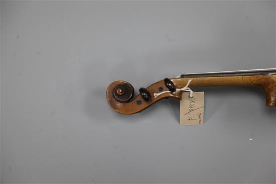 A violin with two piece back, bearing a label for Vasciscus Gobetti Fecit, overall 23.5in., cased